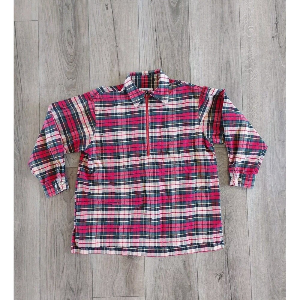 VTG Eddie Bauer Shirt Tunic Flannel Zip Pullover Plaid Red Black Petit Women's M